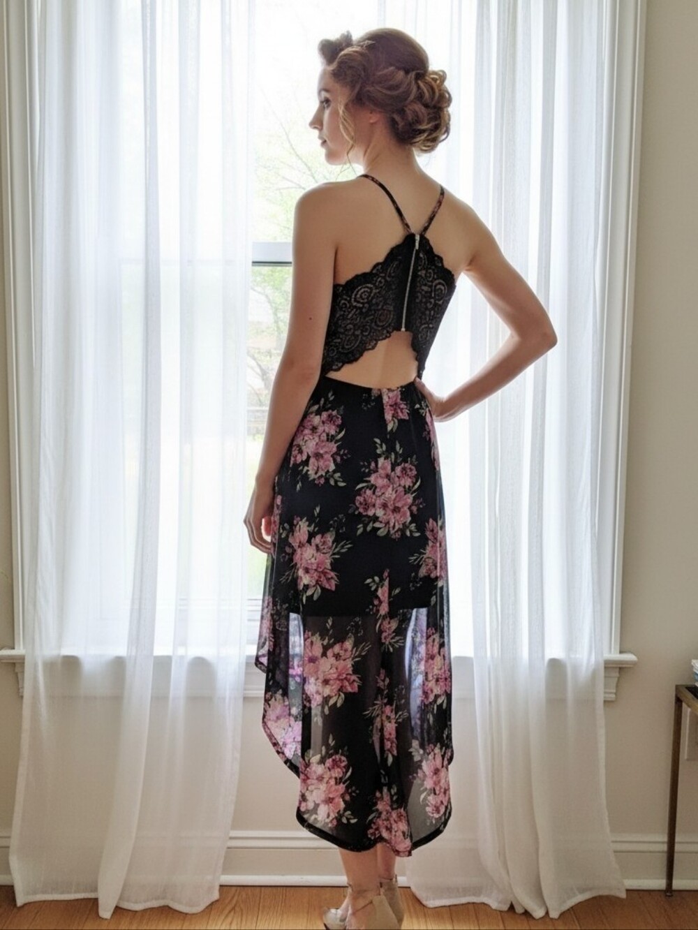 Black Floral High-Low Zipper Open Lace Back Spaghetti Strap Dress Size Large